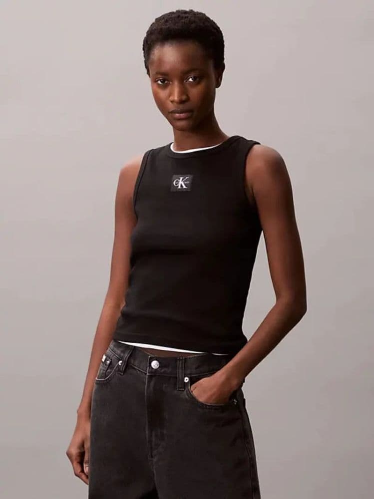 TANK TOP CALVIN KLEIN WOVEN LABEL RIBBED SLIM FIT BLACK CALVIN KLEIN