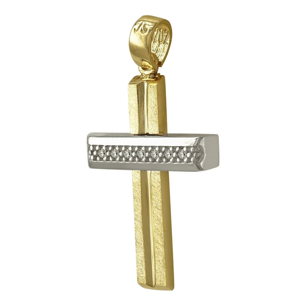 Σταυρός Βάπτισης Γυναικείος Σε Δίχρωμο Χρυσό 14 Καρατίων Με Πέτρες ST2383