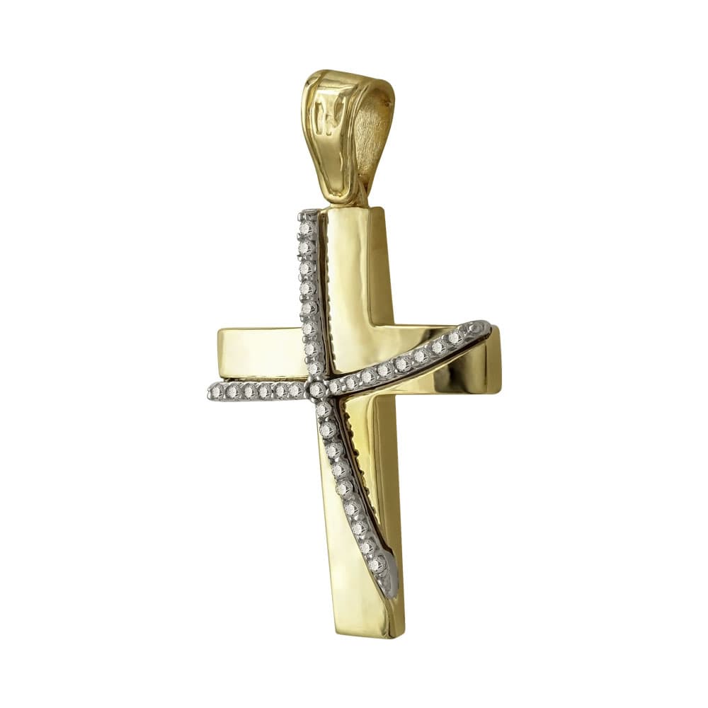 Σταυρός Βάπτισης Γυναικείος Σε Δίχρωμο Χρυσό 14 Καρατίων Με Πέτρες ST2356