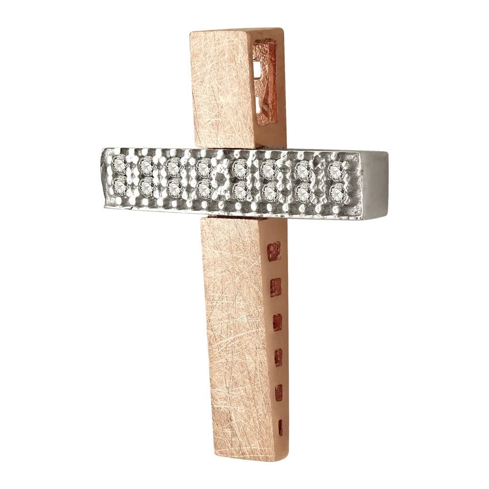 Σταυρός Βάπτισης Γυναικείος Σε Δίχρωμο Χρυσό 14 Καρατίων Με Πέτρες ST2384