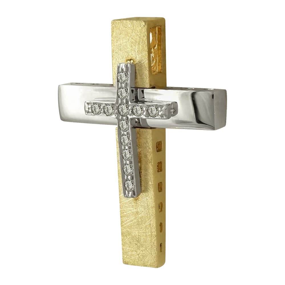 Σταυρός Βάπτισης Γυναικείος Σε Δίχρωμο Χρυσό 14 Καρατίων Με Πέτρες ST2385