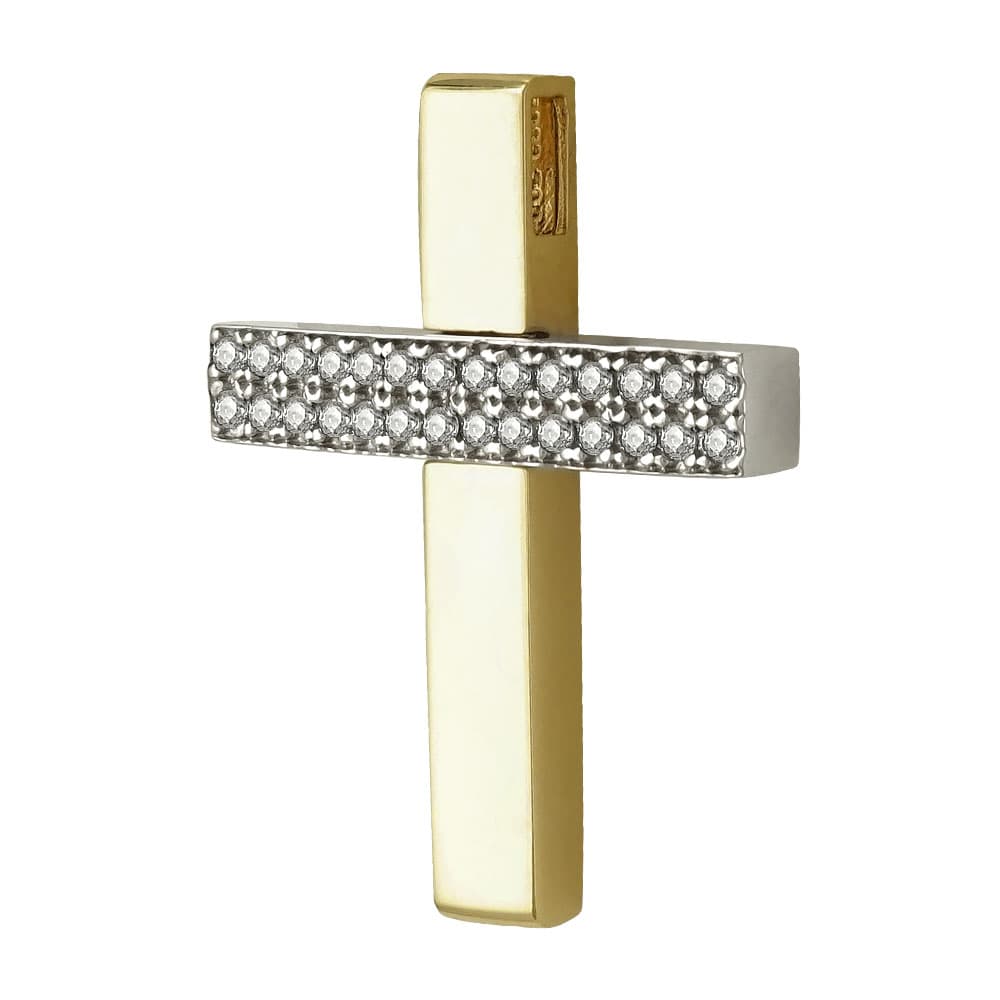 Σταυρός Βάπτισης Γυναικείος Σε Δίχρωμο Χρυσό 14 Καρατίων Με Πέτρες ST2397
