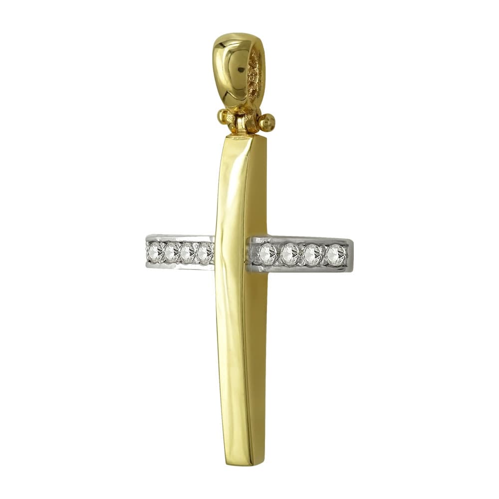 Σταυρός Βάπτισης Γυναικείος Σε Δίχρωμο Χρυσό 14 Καρατίων Με Πέτρες ST2403