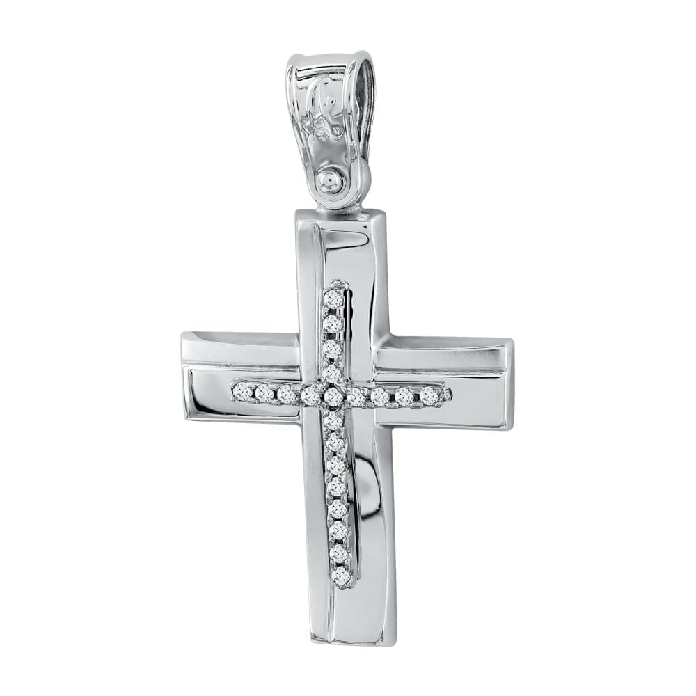 Σταυρός Βάπτισης Γυναικείος Σε Λευκό Χρυσό 14 Καρατίων Με Πέτρες ST2643