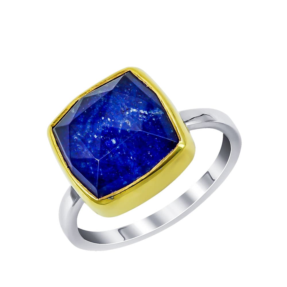 Xειροποίητο Δαχτυλίδι με Λάπις Λάζουλι από Δίχρωμο Ασήμι DX897