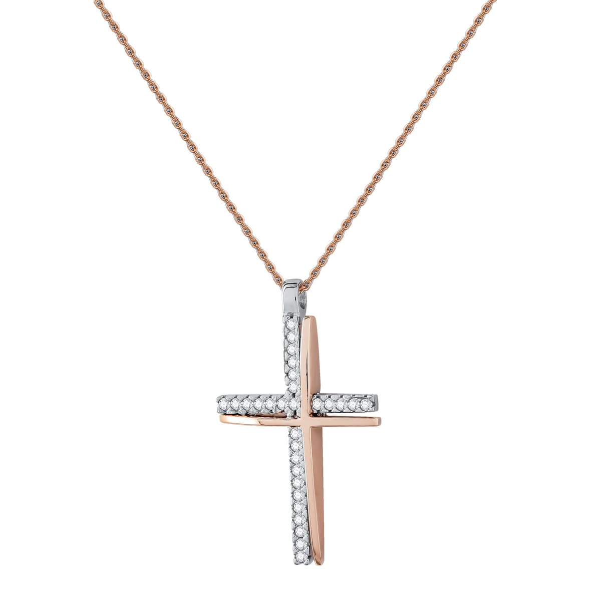 Σταυρός Βάπτισης Γυναικείος Σε Δίχρωμο Χρυσό 14 Καρατίων με Πέτρες ST3119