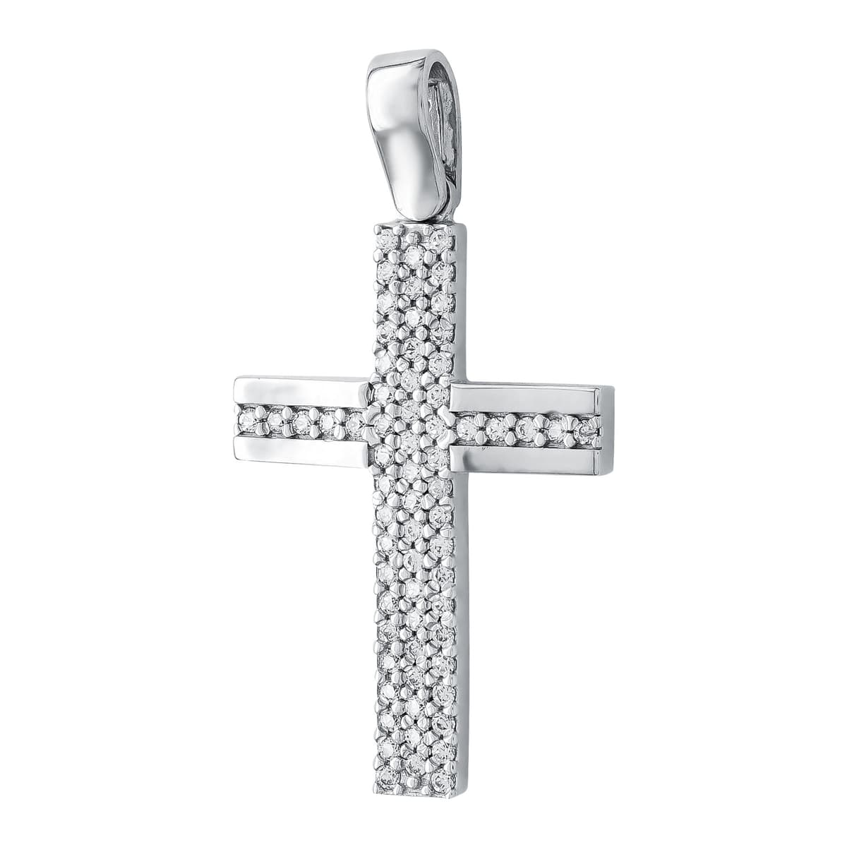 Σταυρός Βάπτισης Γυναικείος Διπλής Όψεως σε Λευκό Χρυσό 14 Καρατίων με Πέτρες ST3210
