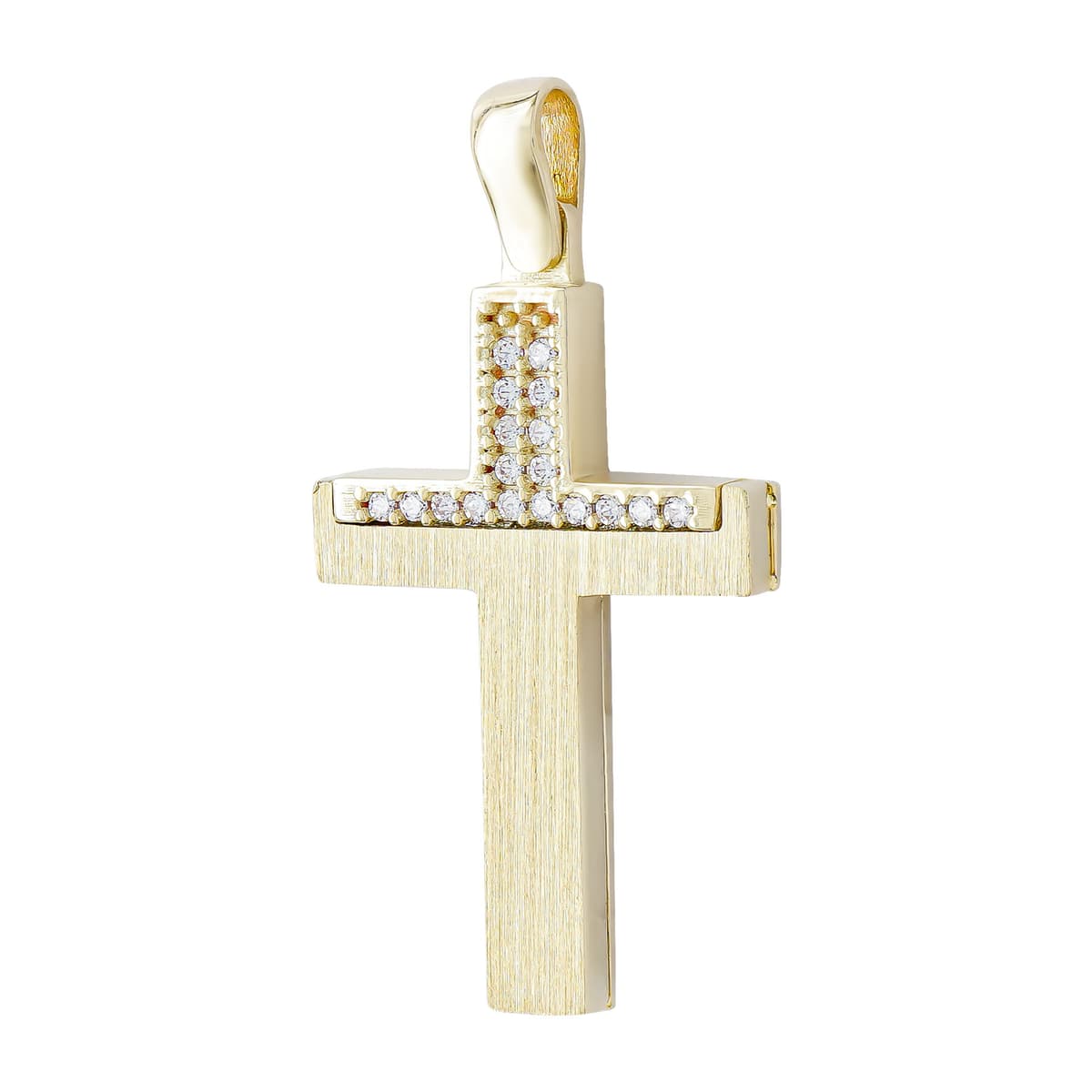 Σταυρός Βάπτισης Γυναικείος Διπλής Όψεως σε Κίτρινο Χρυσό 14 Καρατίων με Πέτρες ST3251