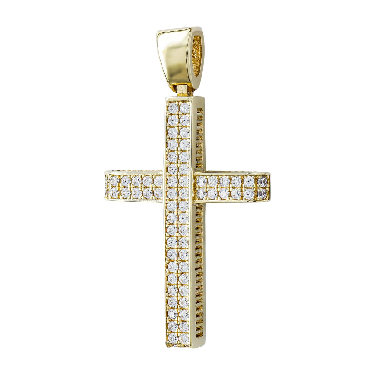Σταυρός Βάπτισης Γυναικείος Διπλής Όψεως σε Κίτρινο Χρυσό 14 Καρατίων με Πέτρες ST3252