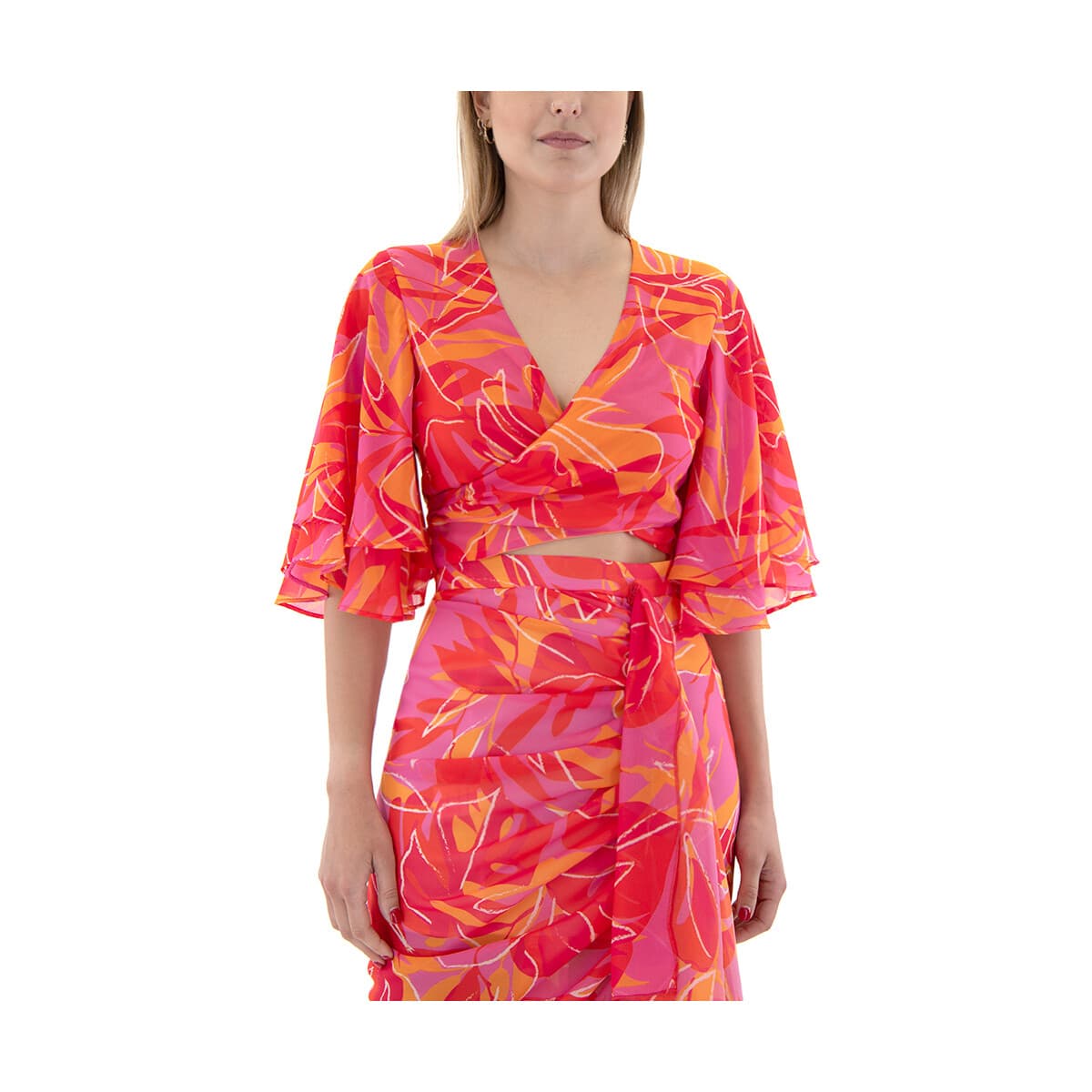 Μπλουζάκια με μακριά μανίκια Twenty-29 PRINTED WIDE SLEEVE SEE THROUGH WRAP CROP TOP WOMEN