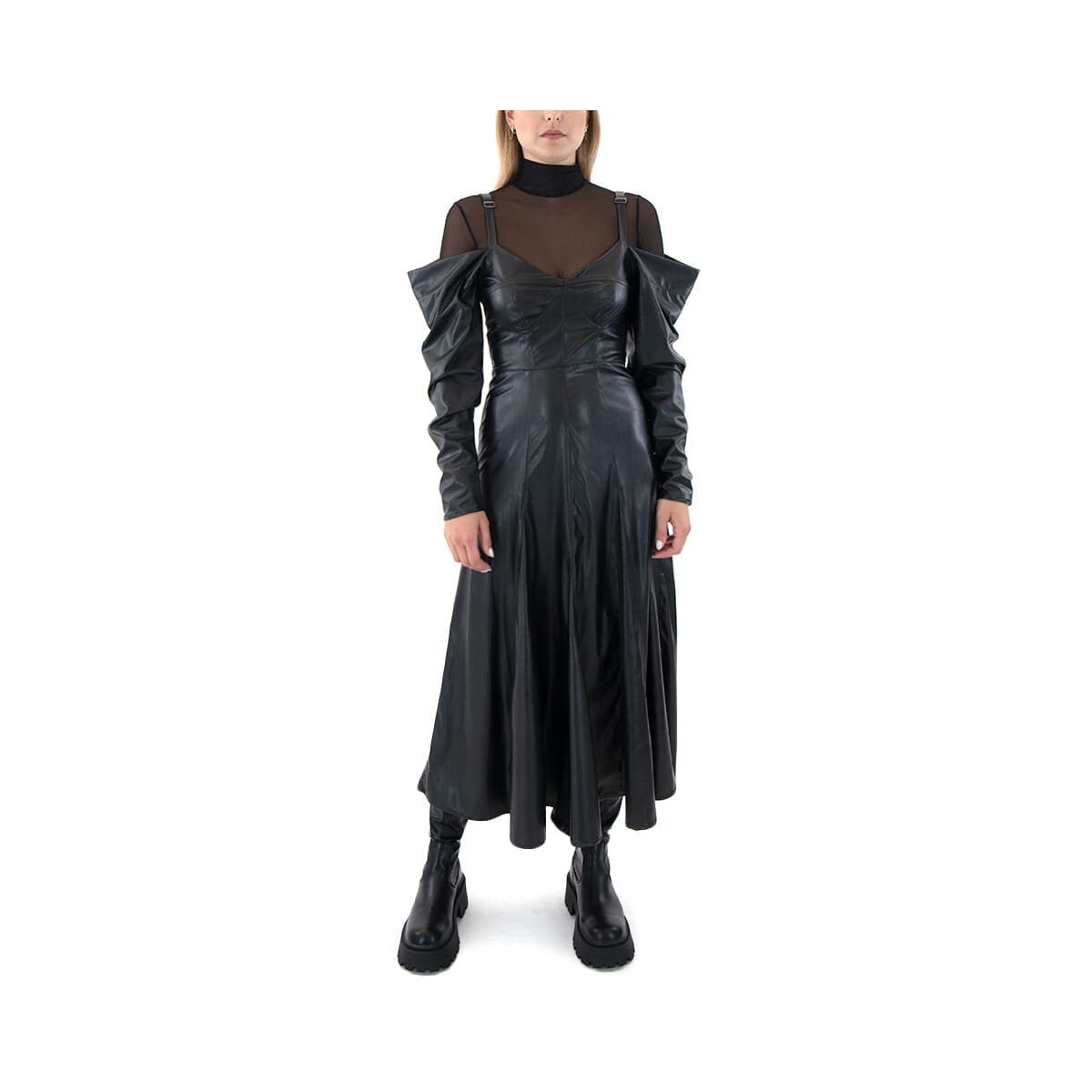 Φορέματα Black N Black FAUX LEATHER OPEN SHOULDER LONG DRESS WOMEN BLACK BLACK