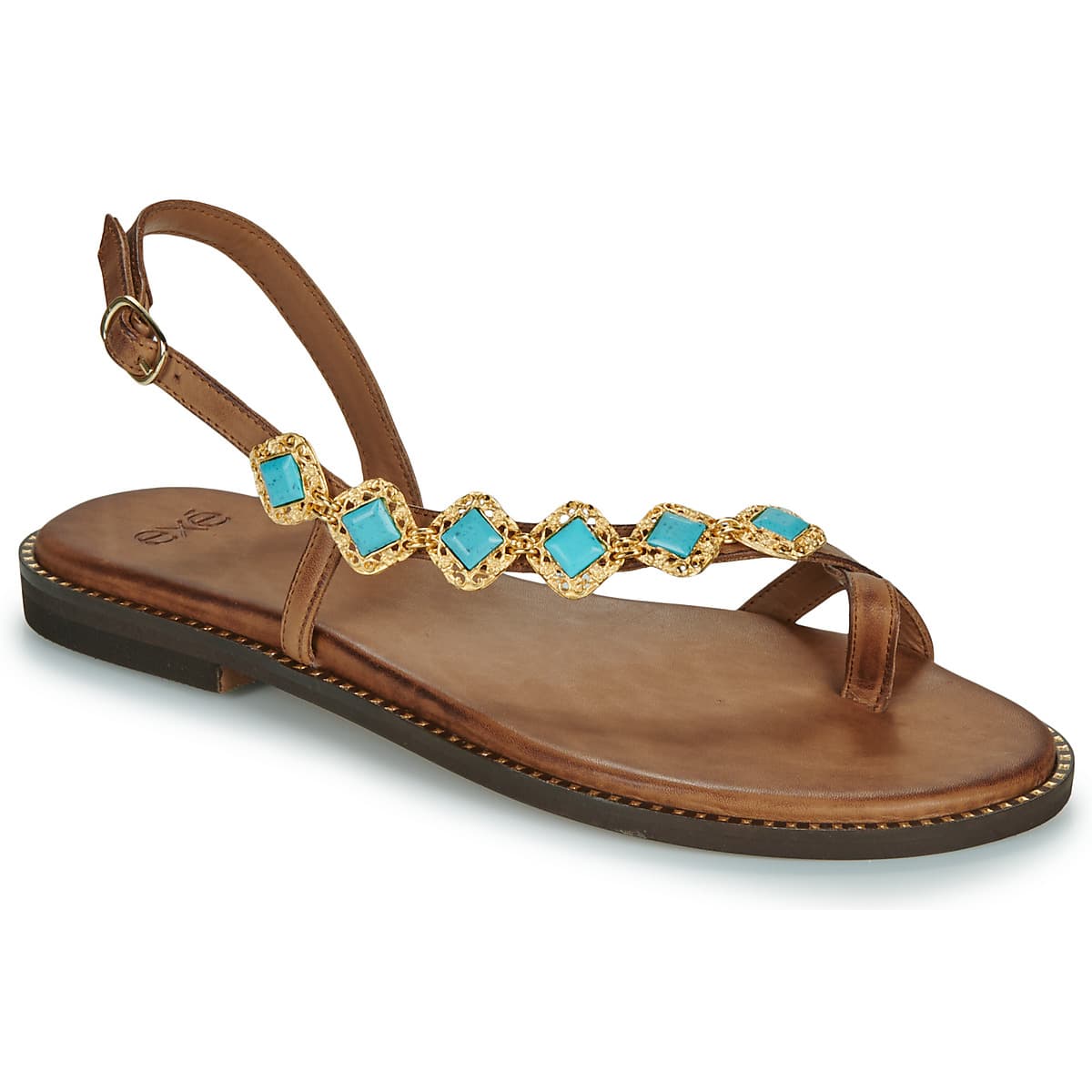 Σανδάλια χωρίς τακούνι Exé Shoes 530-MILOS-LEATHER-BROWN-TURQUOISE