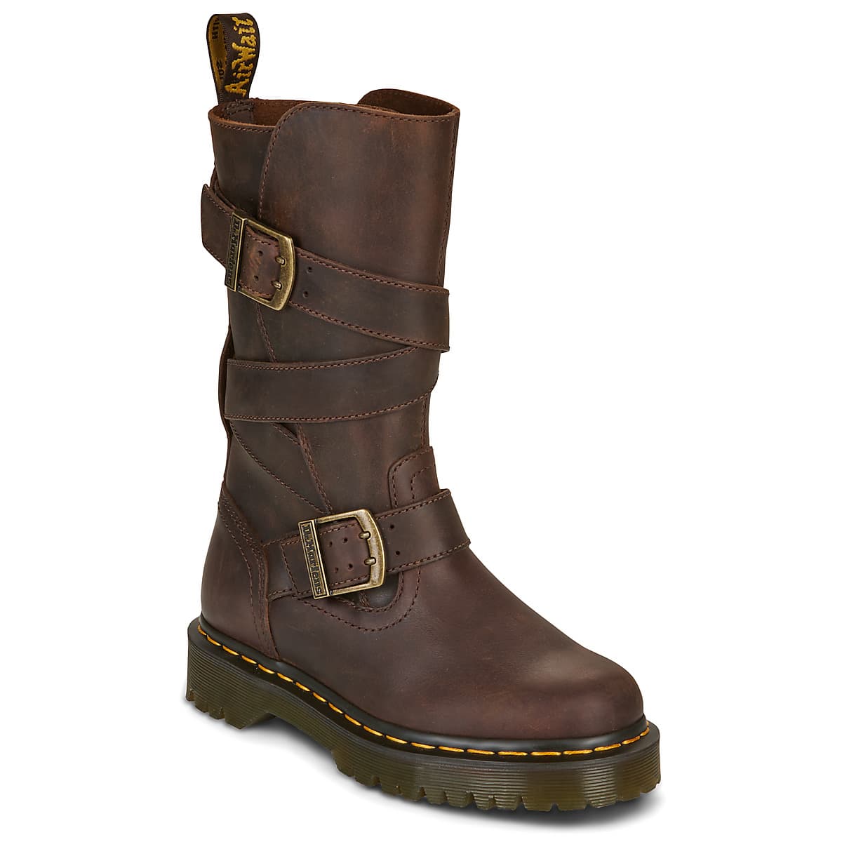 Μπότες χωρίς τακούνι Dr. Martens Anistone Strap High Boot Dark Brown Crazy Horse