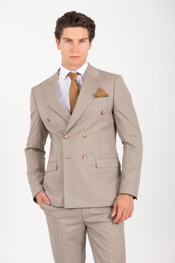 Ανδρικό Ριγέ Κοστούμι Μπεζ Vittorio 10025KING-FANCO