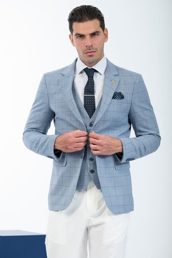 Ανδρικό Καρό Σετ Σακάκι/Γιλέκο Γαλάζιο Vittorio CARBON-BLUE