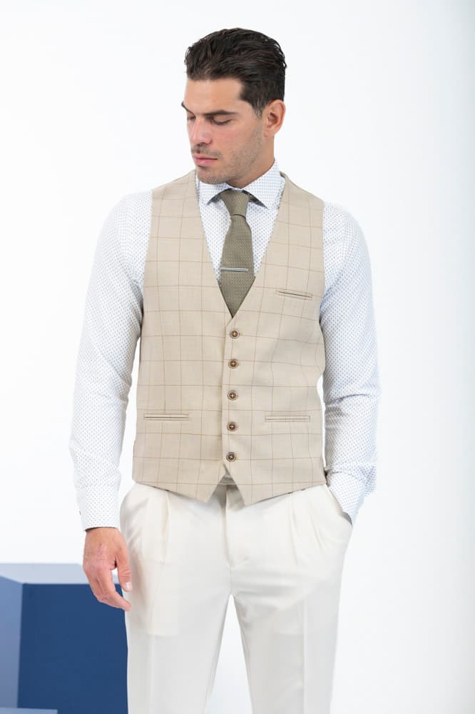 Ανδρικό Καρό Σετ Σακάκι/Γιλέκο Μπεζ Vittorio CARBON-BEIGE