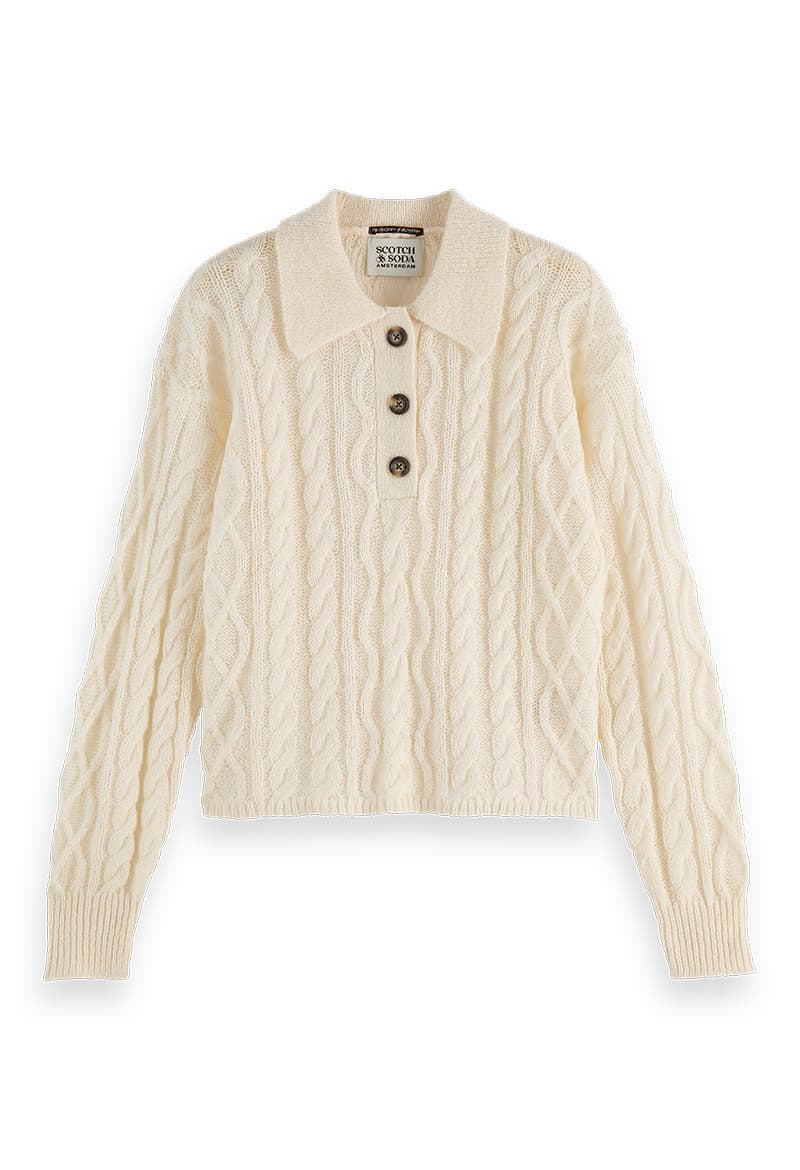 ΓΥΝΑΙΚΕΙΟ ΠΟΥΛΟΒΕΡ CABLE STITCH POLO NECK PULLOVER SCOTCH & SODA ΚΑΝΟΝΙΚΗ ΓΡΑΜΜΗ ΕΚΡΟΥ