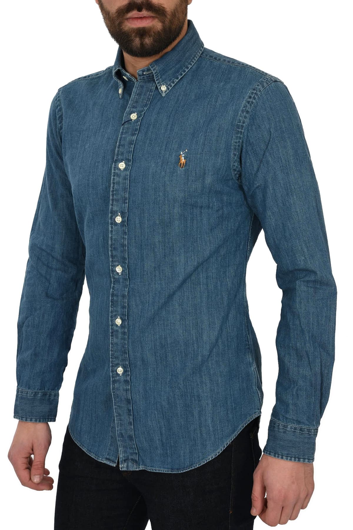 RALPH LAUREN ΠΟΥΚΑΜΙΣΟ BUTTON DOWN JEANS SLIM FIT DENIM BSR ΜΠΛΕ