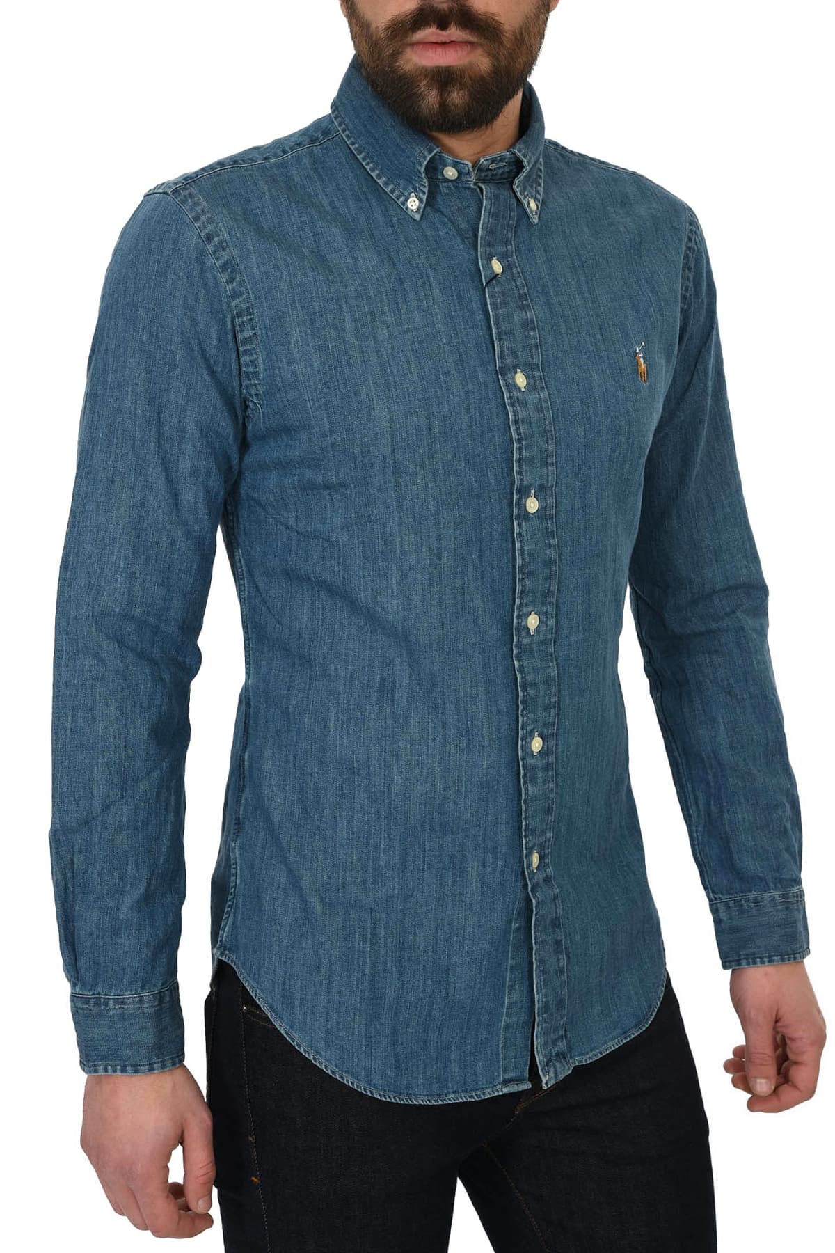 RALPH LAUREN ΠΟΥΚΑΜΙΣΟ BUTTON DOWN JEANS SLIM FIT DENIM BSR ΜΠΛΕ