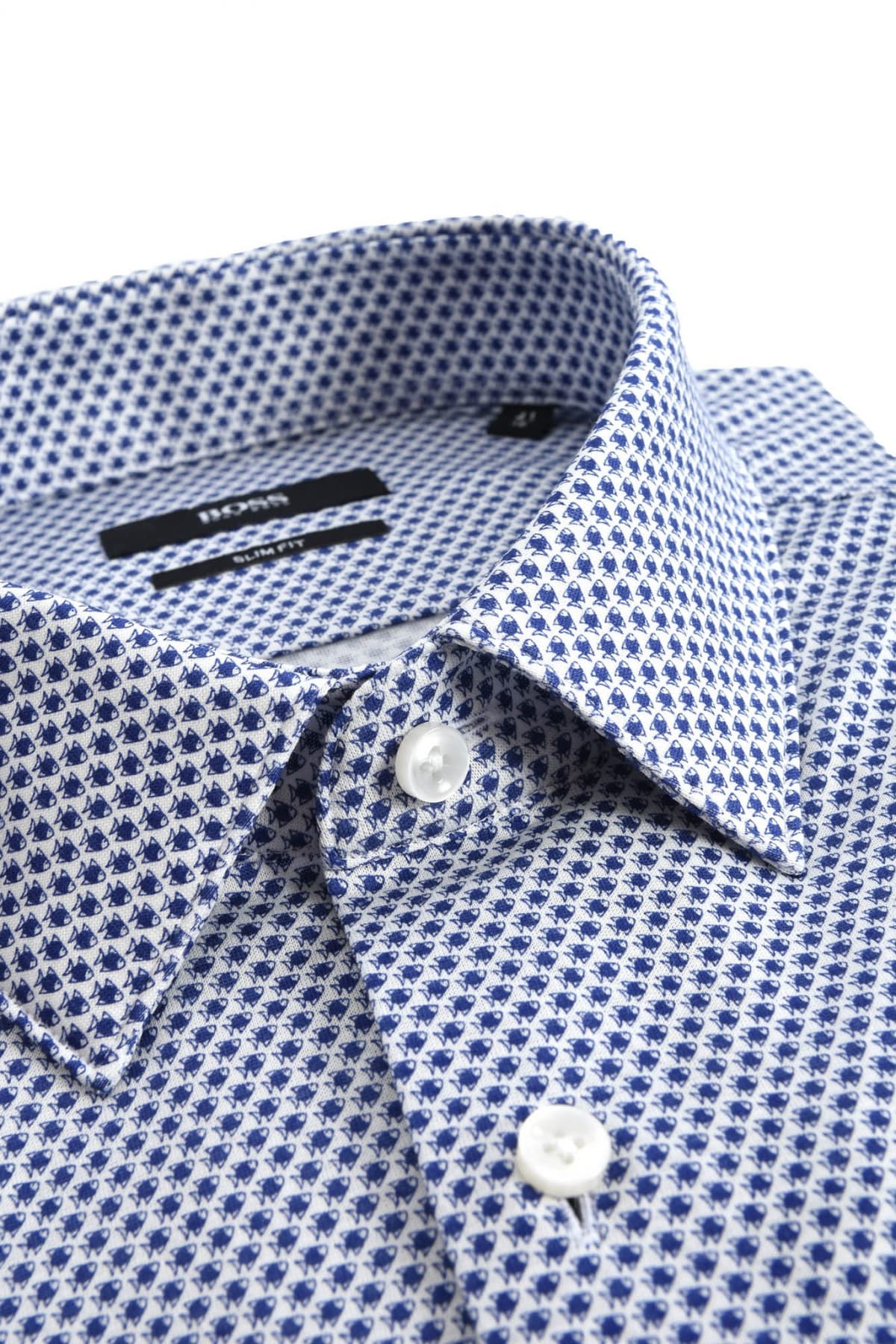 BOSS BUSINESS ΠΟΥΚΑΜΙΣΟ ΜΙΚΡΟΣΧΕΔΙΟ SLIM FIT ISKO MΠΛΕ-ΛΕΥΚΟ