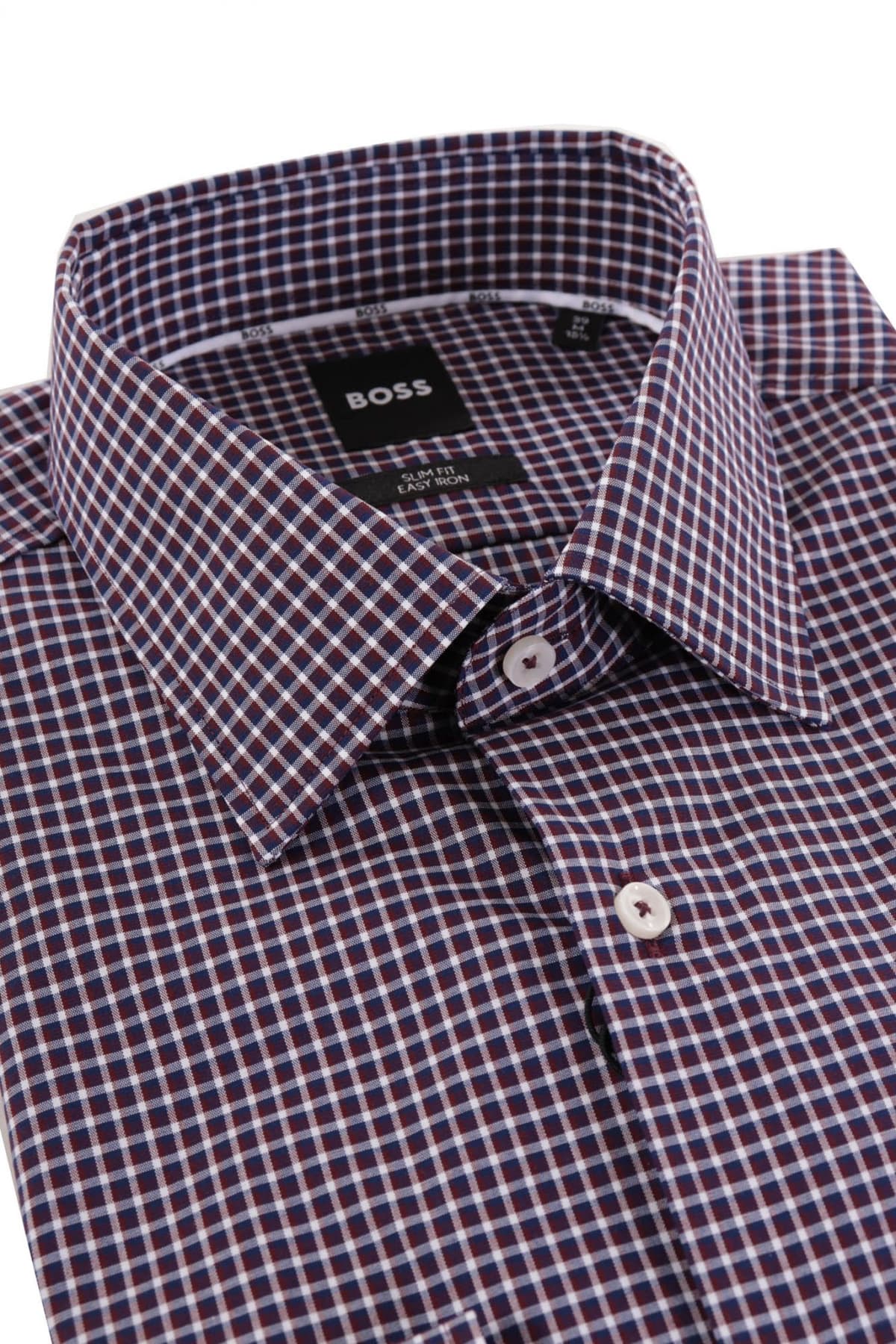 BOSS ΠΟΥΚΑΜΙΣΟ ΜΙΚΡΟΣΧΕΔΙΟ SLIM FIT EASY IRON STRETCH H-HANK-KENT-C1-214 ΜΠΟΡΝΤΩ