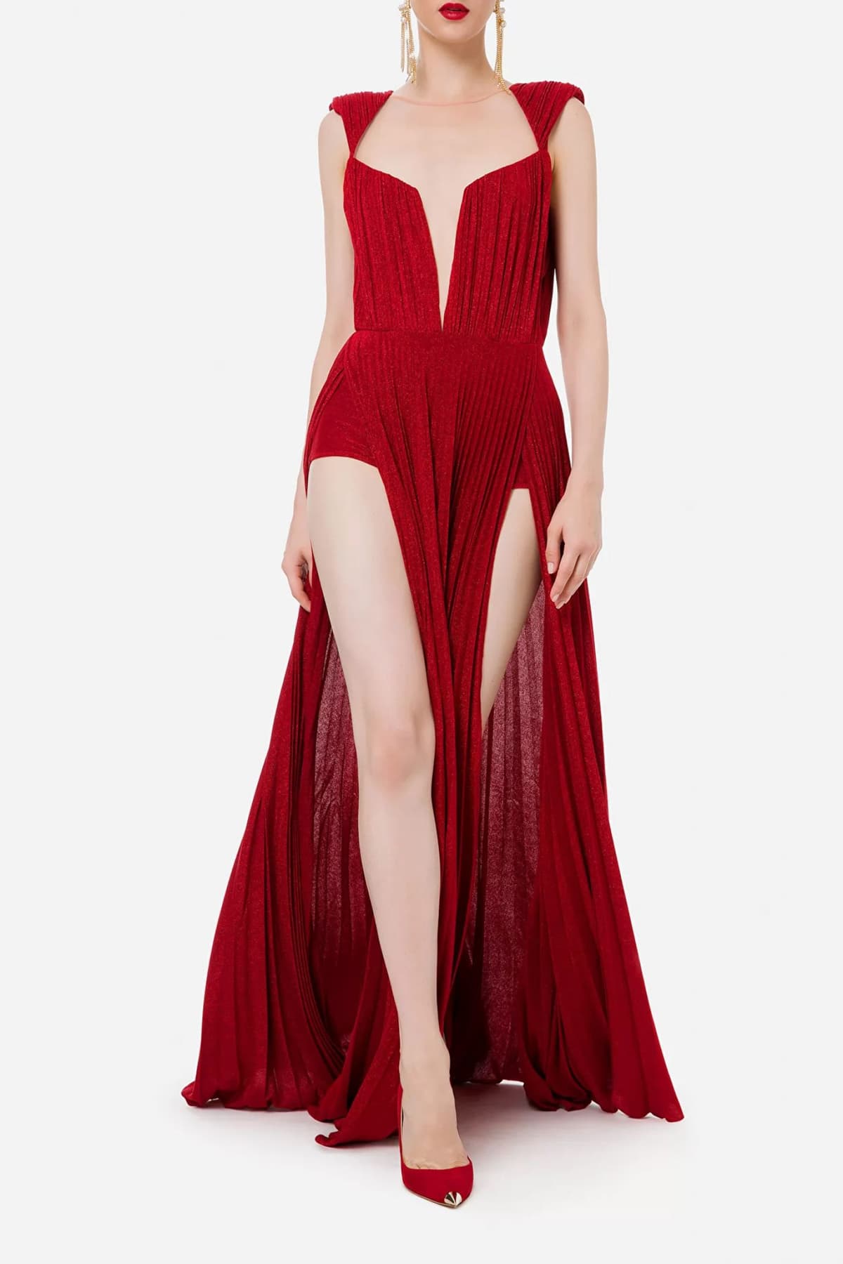 ELISABETTA FRANCHI RED CARPET ΦΟΡΕΜΑ ΛΟΥΡΕΞ ΑΝΟΙΧΤΗ ΠΛΑΤΗ ΑΛΥΣΙΔΑ ΚΟΚΚΙΝΟ