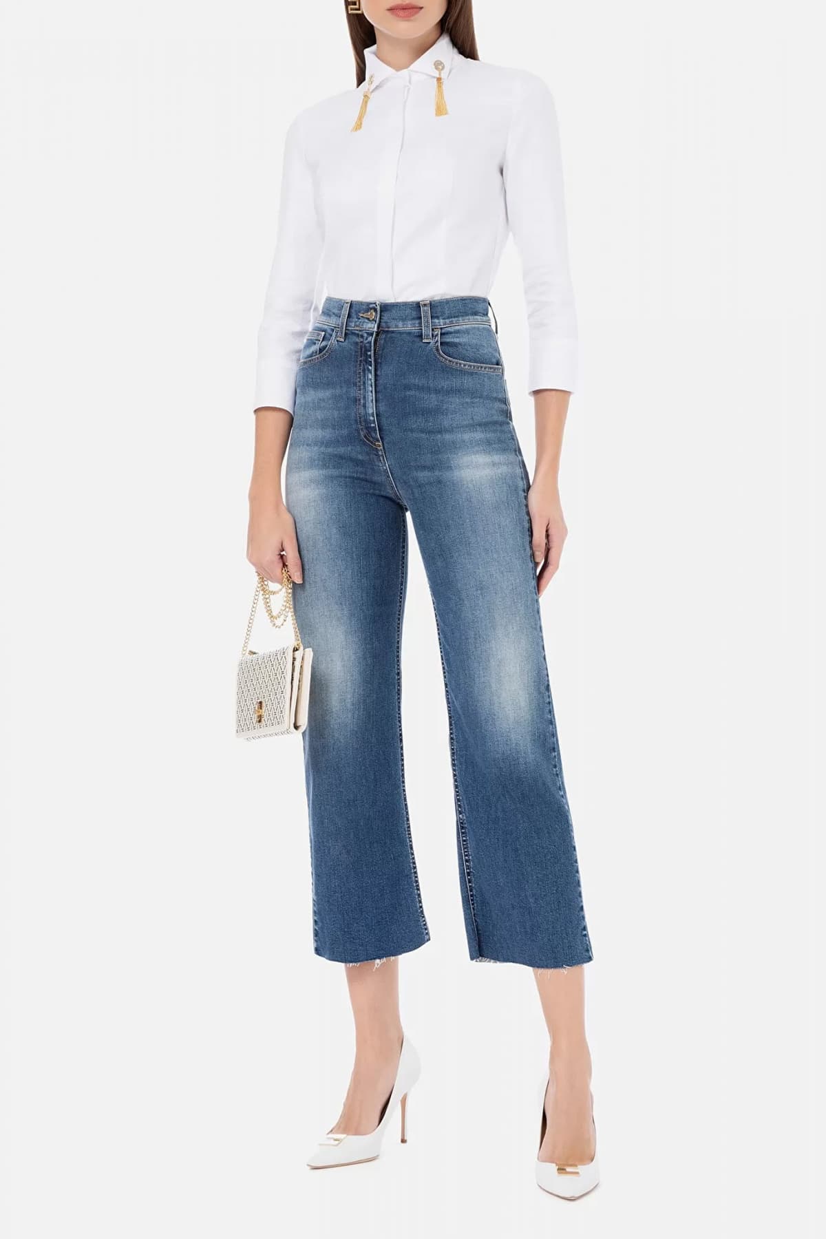 ELISABETTA FRANCHI ΠΑΝΤΕΛΟΝΑ JEANS CROP ΨΗΛΟΜΕΣΗ LOGO ΤΣΕΠΗ ΜΠΛΕ