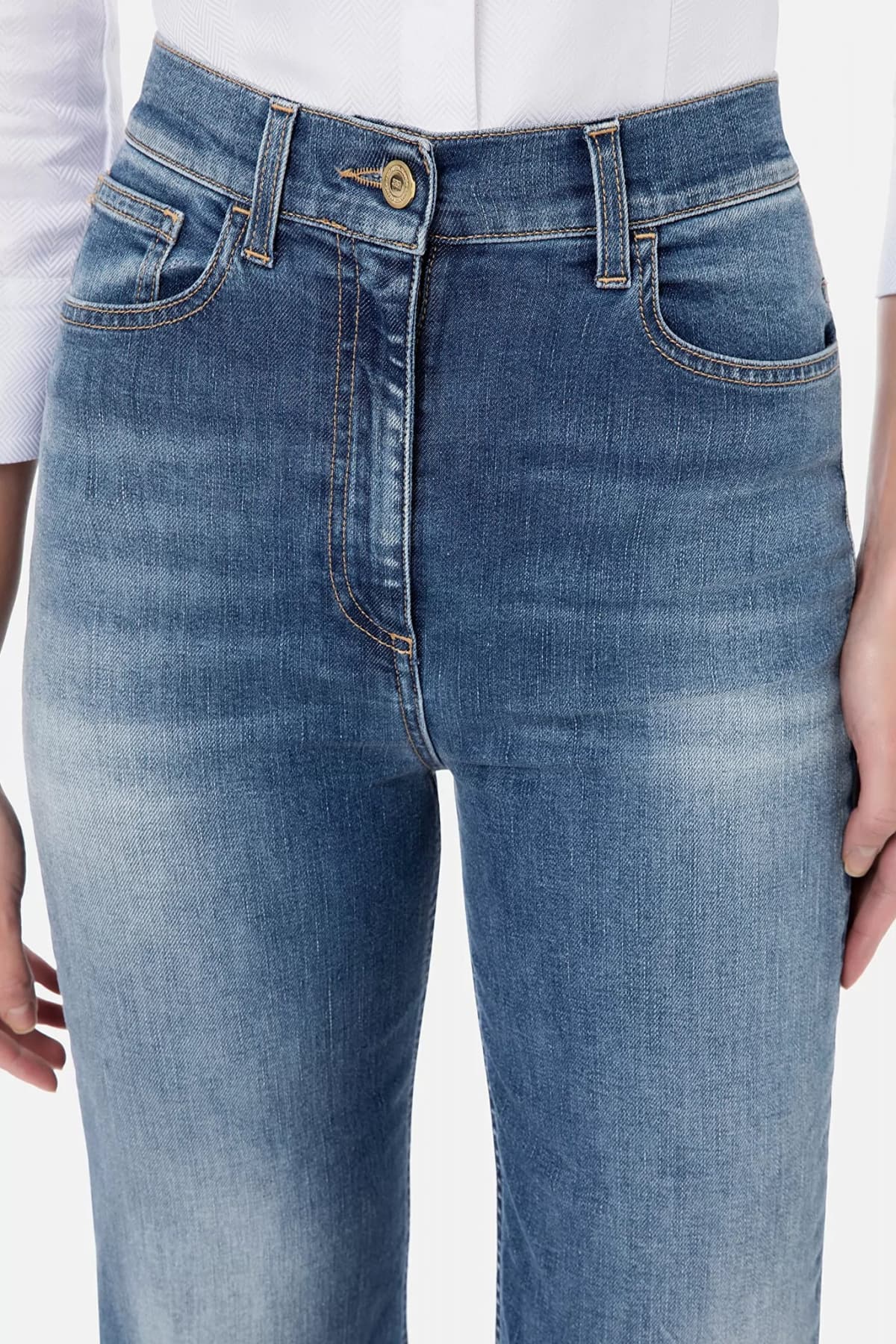 ELISABETTA FRANCHI ΠΑΝΤΕΛΟΝΑ JEANS CROP ΨΗΛΟΜΕΣΗ LOGO ΤΣΕΠΗ ΜΠΛΕ