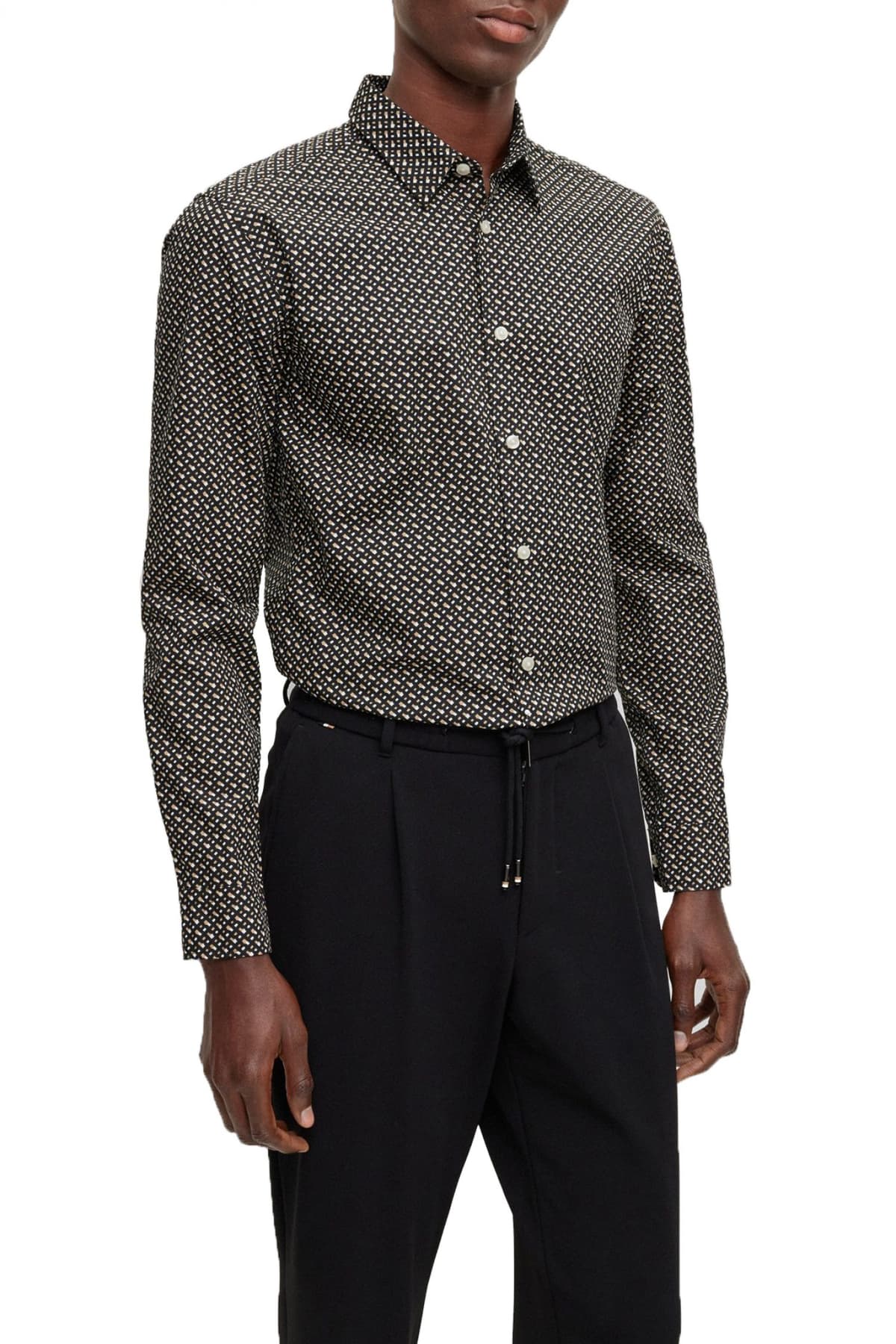 BOSS ΠΟΥΚΑΜΙΣΟ ALLOVER LOGO SLIM FIT ROGER_F ΜΑΥΡΟ-ΜΠΕΖ-ΛΕΥΚΟ