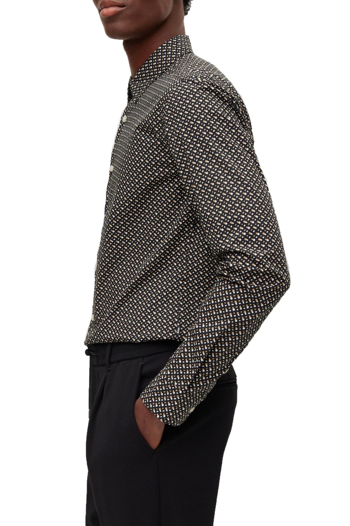 BOSS ΠΟΥΚΑΜΙΣΟ ALLOVER LOGO SLIM FIT ROGER_F ΜΑΥΡΟ-ΜΠΕΖ-ΛΕΥΚΟ