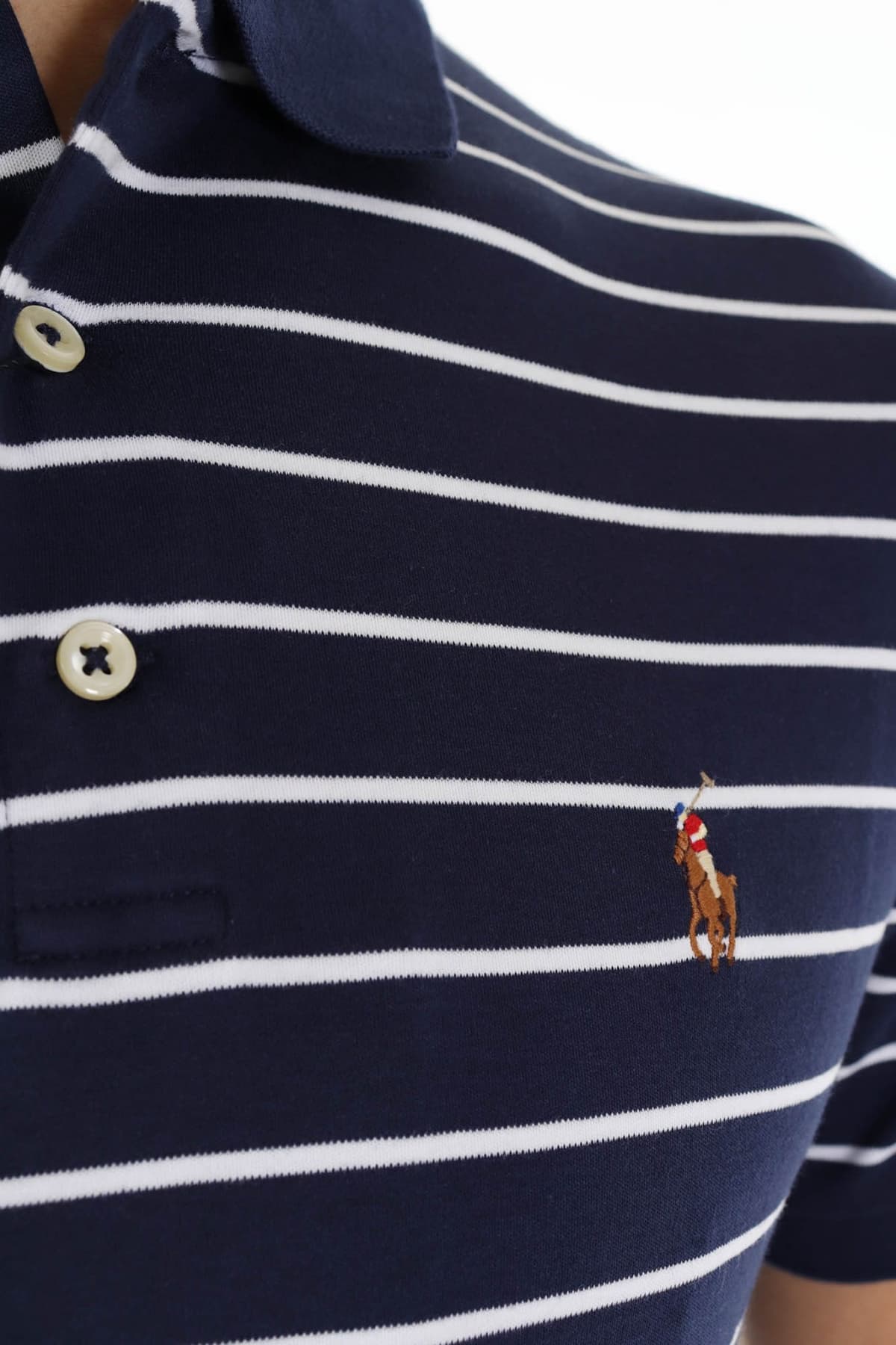 RALPH LAUREN POLO ΡΙΓΕ INTERLOCK CUSTOM SLIM FIT LOGO ΜΠΛΕ-ΛΕΥΚΟ