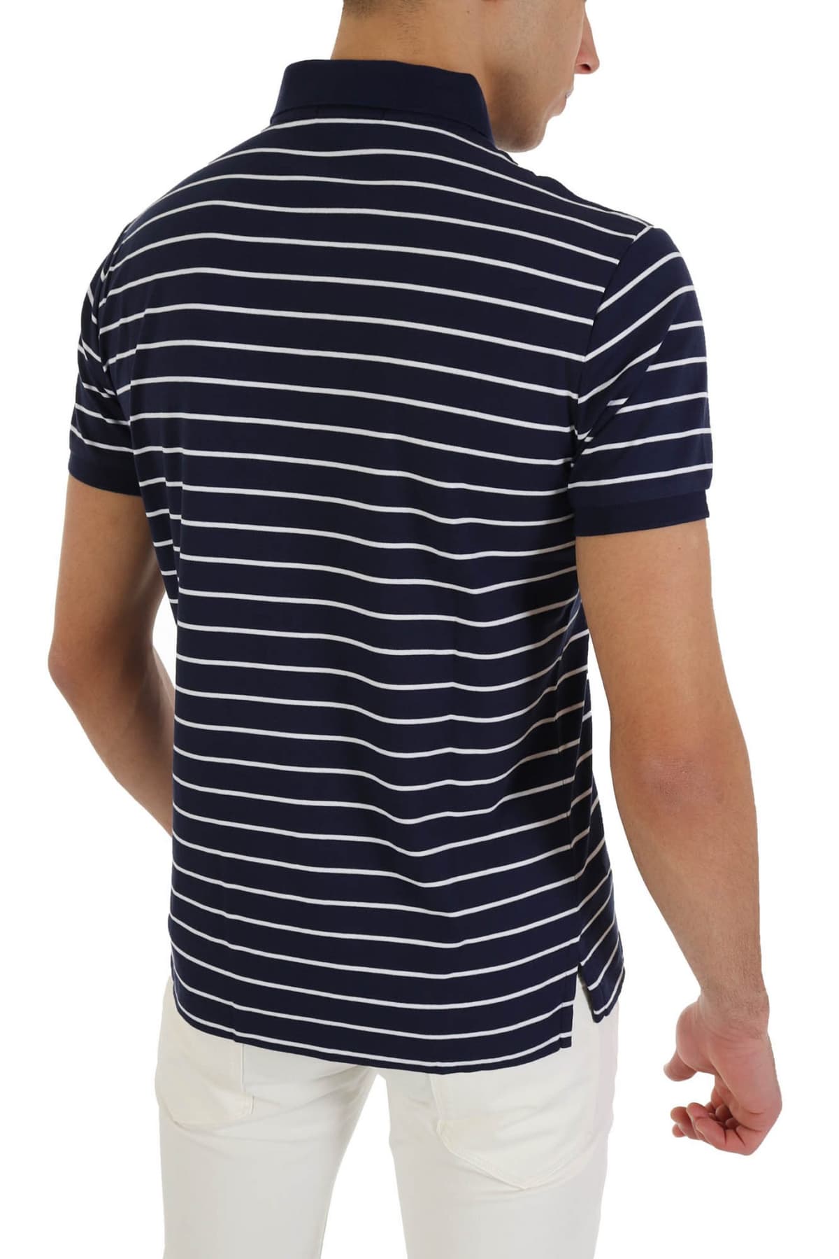 RALPH LAUREN POLO ΡΙΓΕ INTERLOCK CUSTOM SLIM FIT LOGO ΜΠΛΕ-ΛΕΥΚΟ