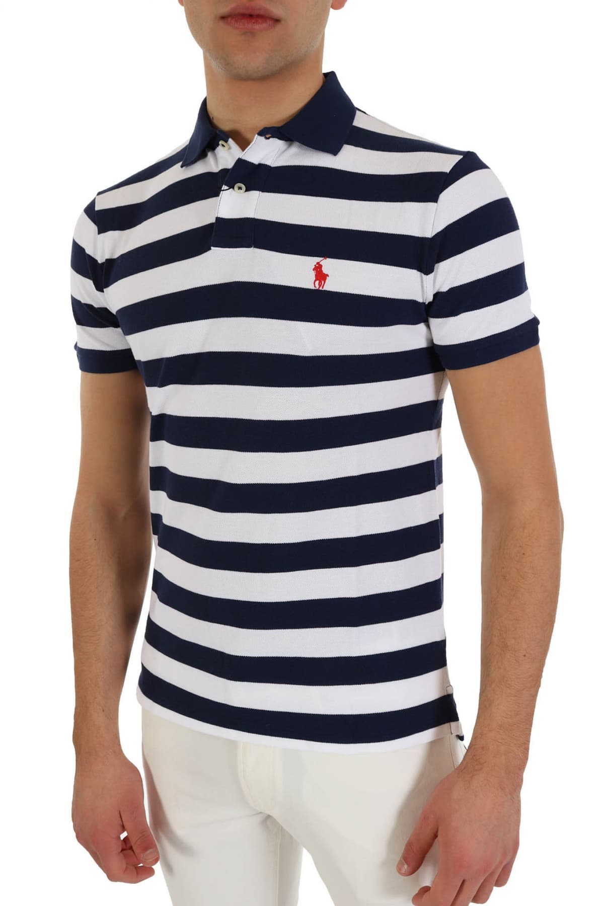 RALPH LAUREN POLO ΡΙΓΕ CUSTOM SLIM FIT LOGO ΜΠΛΕ-ΛΕΥΚΟ