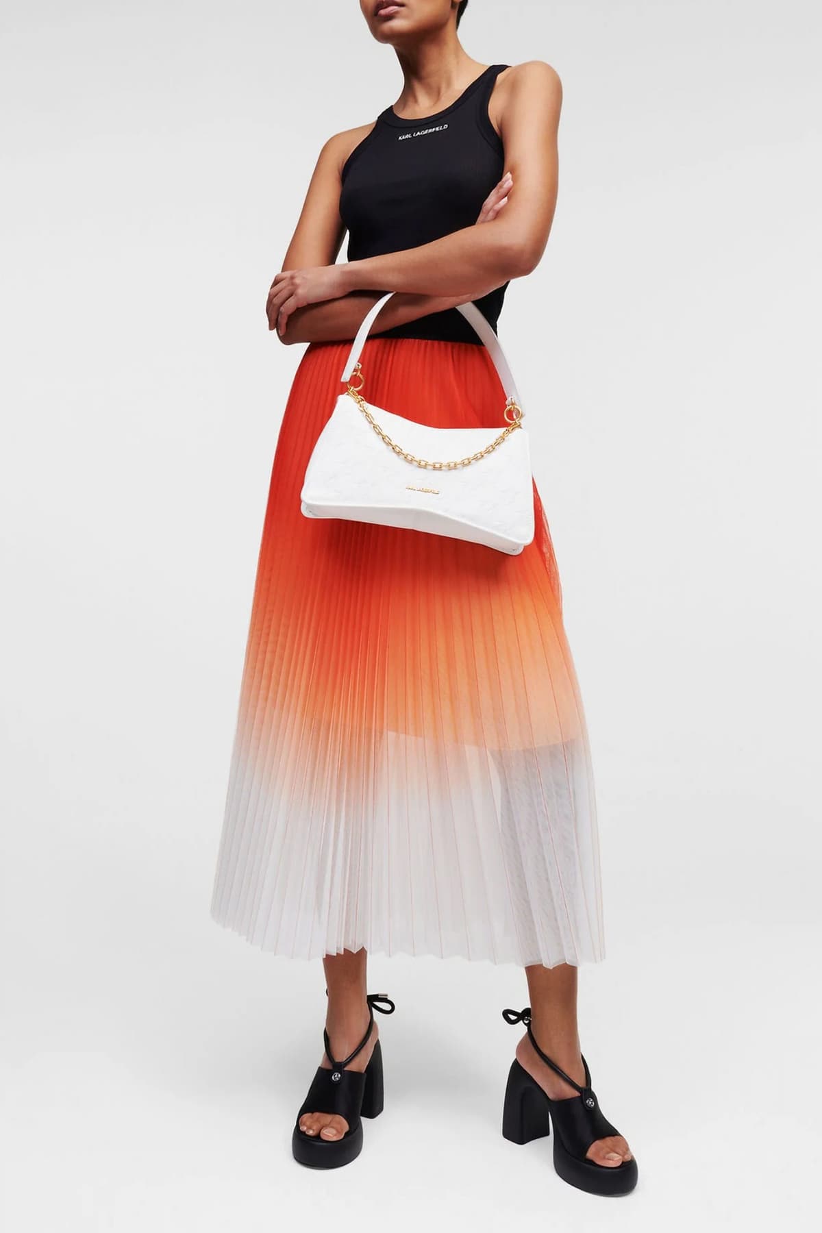 KARL LAGERFELD ΦΟΥΣΤΑ MIDI ΠΛΙΣΕ PLEDET MESH OMBRE ΠΟΡΤΟΚΑΛΙ