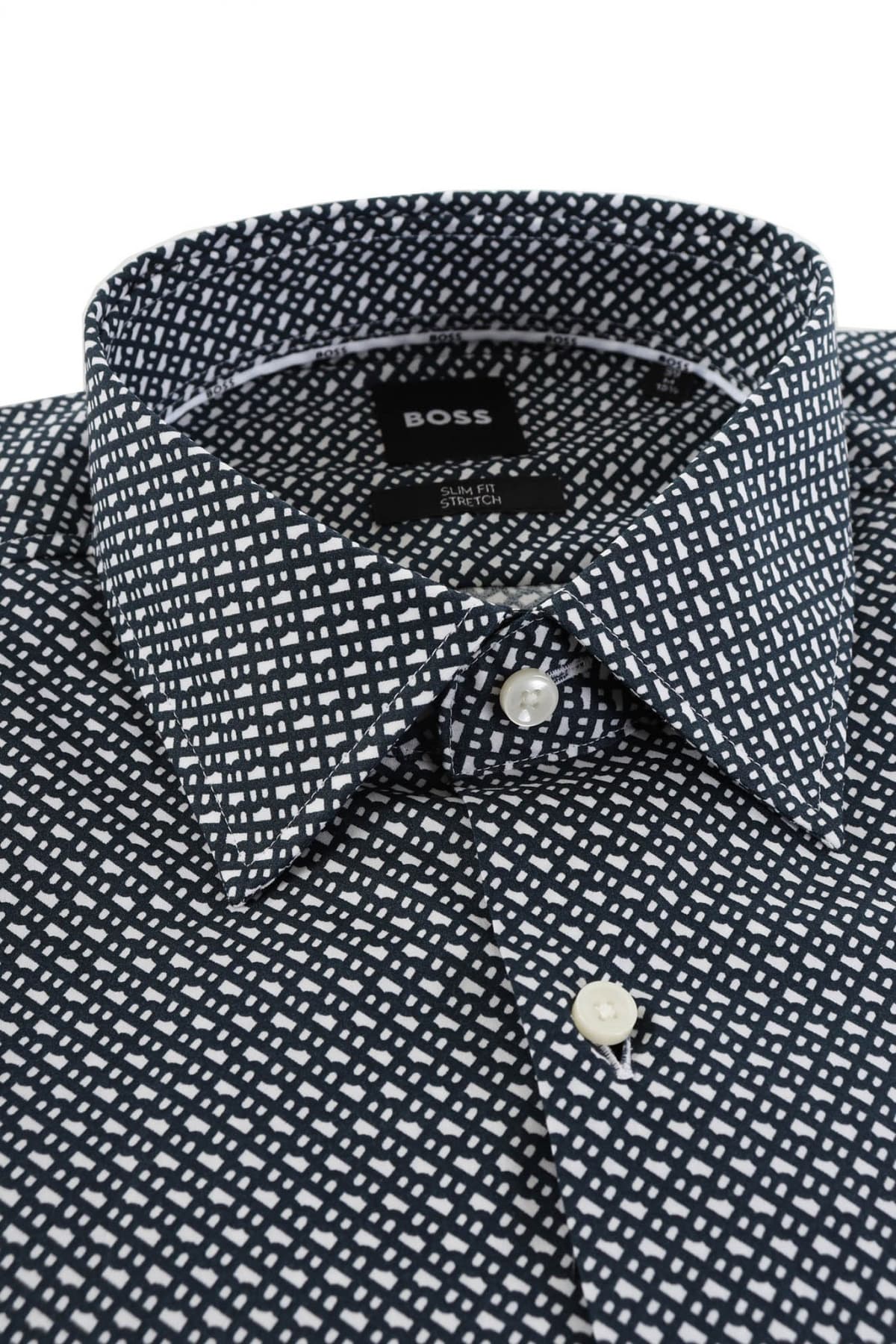 BOSS ΠΟΥΚΑΜΙΣΟ ALLOVER LOGO SLIM FIT STRETCH H-HANK-KENT-C1-214 ΜΠΛΕ-ΛΕΥΚΟ