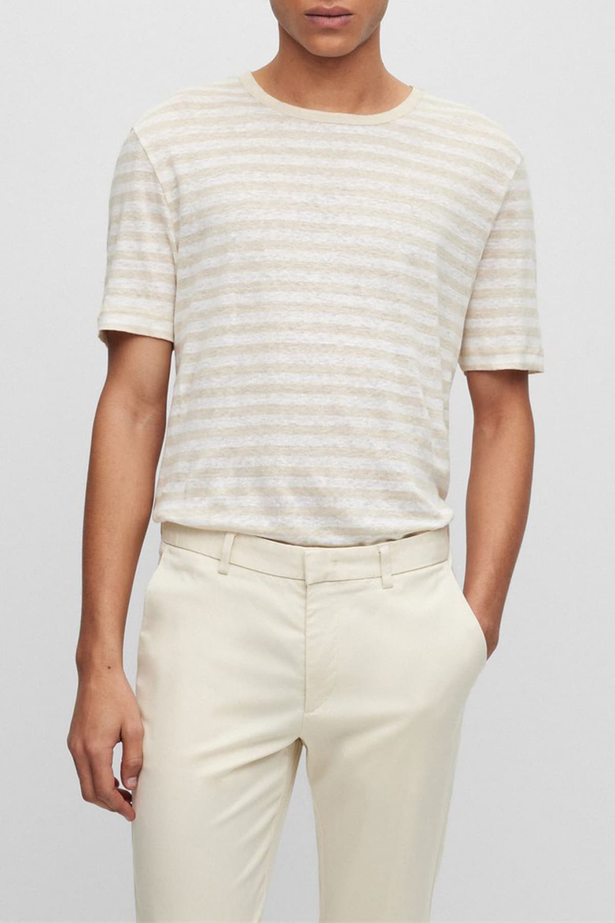 BOSS T-SHIRT ΛΙΝΟ ΡΙΓΕ TIBURT350 ΜΠΕΖ-ΛΕΥΚΟ