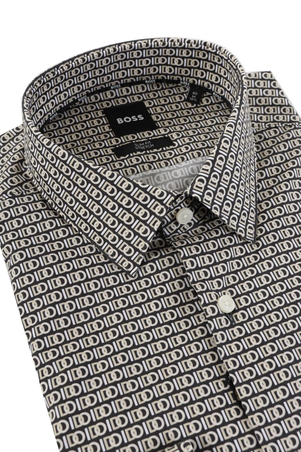 BOSS ΠΟΥΚΑΜΙΣΟ ALLOVER PRINT "I DO" LOGO SLIM FIT STRETCH H-HANK-S-KENT-C1-232 ΜΑΥΡΟ-ΜΠΕΖ