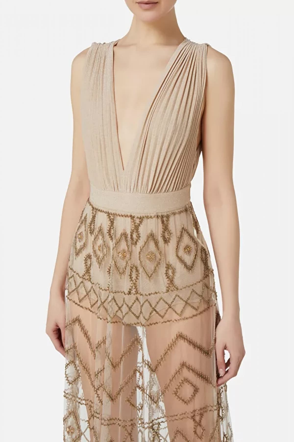 ELISABEΤΤA FRANCHI RED CARPET ΦΟΡΕΜΑ MAXI LUREX ΔΙΑΦΑΝΕΙΑ ΠΛΙΣΕ ΧΑΝΤΡΕΣ ΧΡΥΣΟ