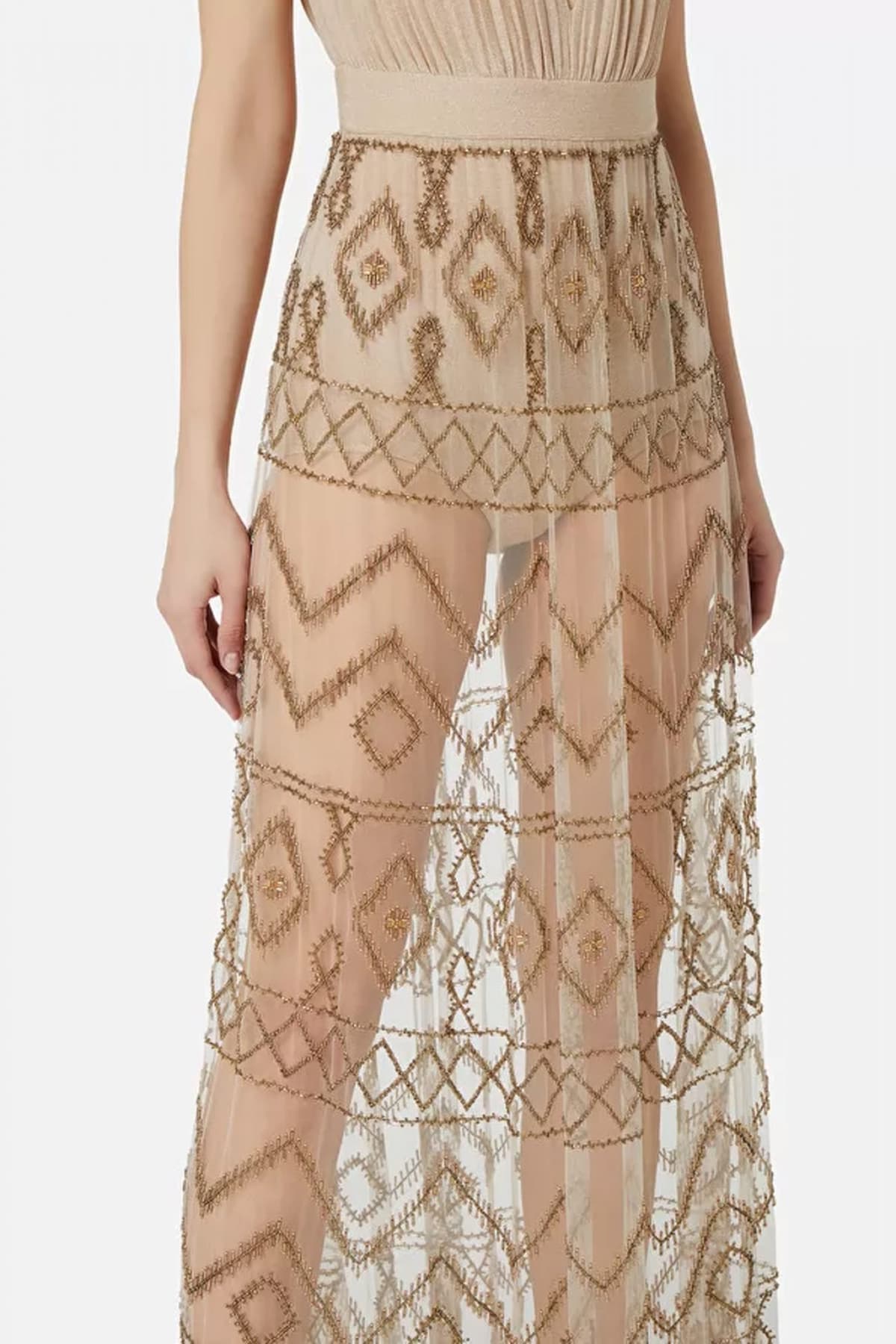 ELISABEΤΤA FRANCHI RED CARPET ΦΟΡΕΜΑ MAXI LUREX ΔΙΑΦΑΝΕΙΑ ΠΛΙΣΕ ΧΑΝΤΡΕΣ ΧΡΥΣΟ