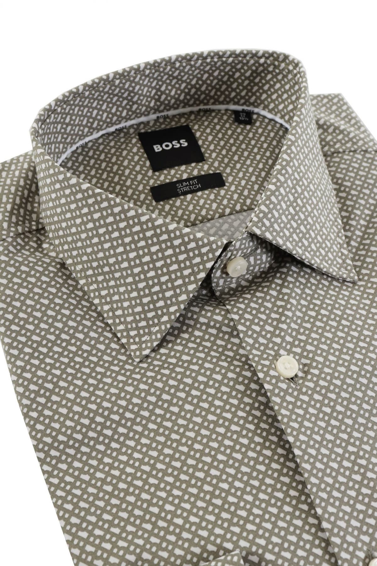 BOSS ΠΟΥΚΑΜΙΣΟ ALLOVER LOGO SLIM FIT STRETCH H-HANK-KENT-C1-214 ΧΑΚΙ-ΛΕΥΚΟ