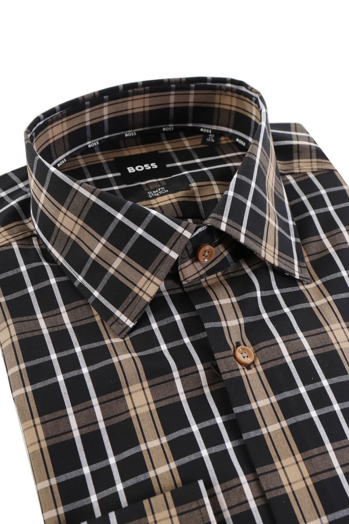 BOSS ΠΟΥΚΑΜΙΣΟ ΚΑΡΩ SLIM FIT STRETCH H-HANK-KENT-C1-214 ΜΠΕΖ-ΜΑΥΡΟ