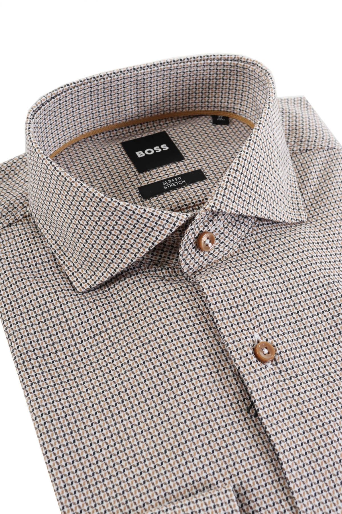 BOSS ΠΟΥΚΑΜΙΣΟ SLIM FIT STRETCH ΜΙΚΡΟΣΧΕΔΙΟ ΚΑΦΕ