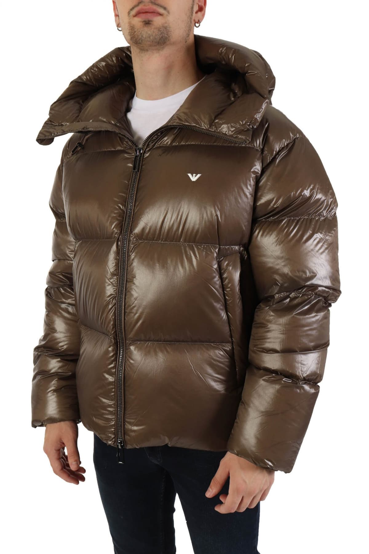 EMPORIO ARMANI ΜΠΟΥΦΑΝ PUFFER HOODIE LOGO ΓΚΡΙ-ΛΑΔΙ