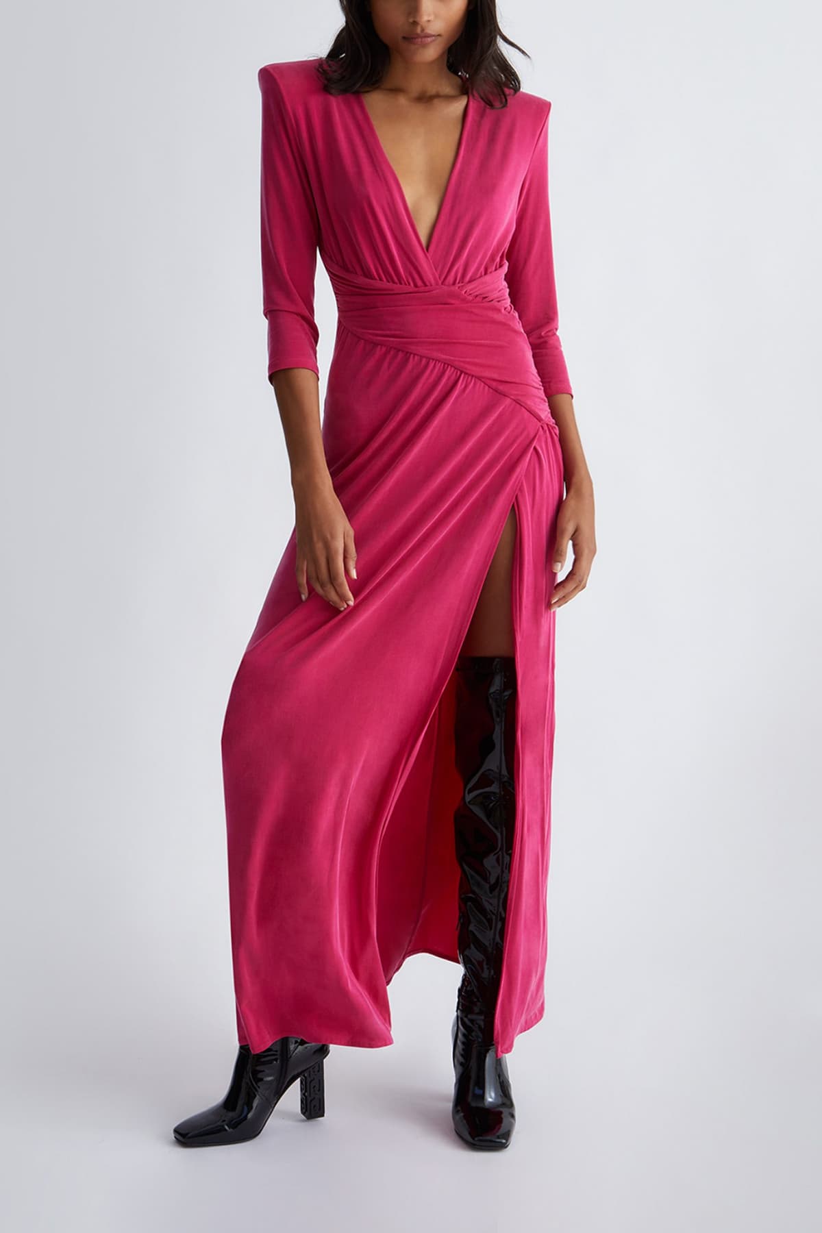 LIU -JO ΦΟΡΕΜΑ MAXI ΤΡΟΥΑΚΑΡ ΜΑΝΙΚΙ V-NECK ΑΝΟΙΓΜΑ ΠΛΑΙ ΣΚΟΥΡΟ ΡΟΖ