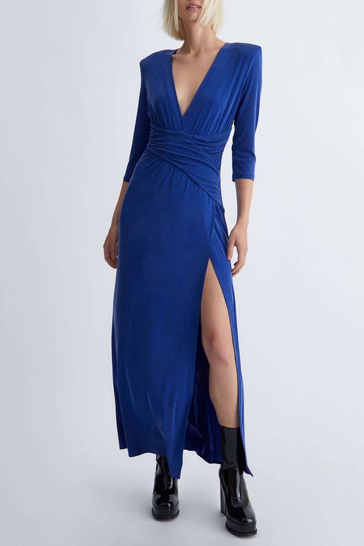 LIU -JO ΦΟΡΕΜΑ MAXI ΤΡΟΥΑΚΑΡ ΜΑΝΙΚΙ V-NECK ΑΝΟΙΓΜΑ ΠΛΑΙ ΜΠΛΕ ΗΛΕΚΤΡΙΚ