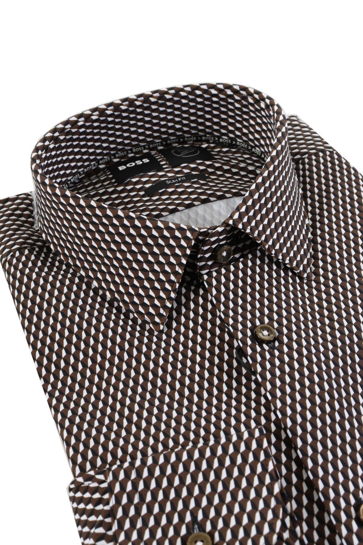 BOSS ΠΟΥΚΑΜΙΣΟ SLIM FIT ΜΙΚΡΟΣΧΕΔΙΟ P-HANK-S-KENT-C1-222 ΚΑΦΕ-ΜΑΥΡΟ