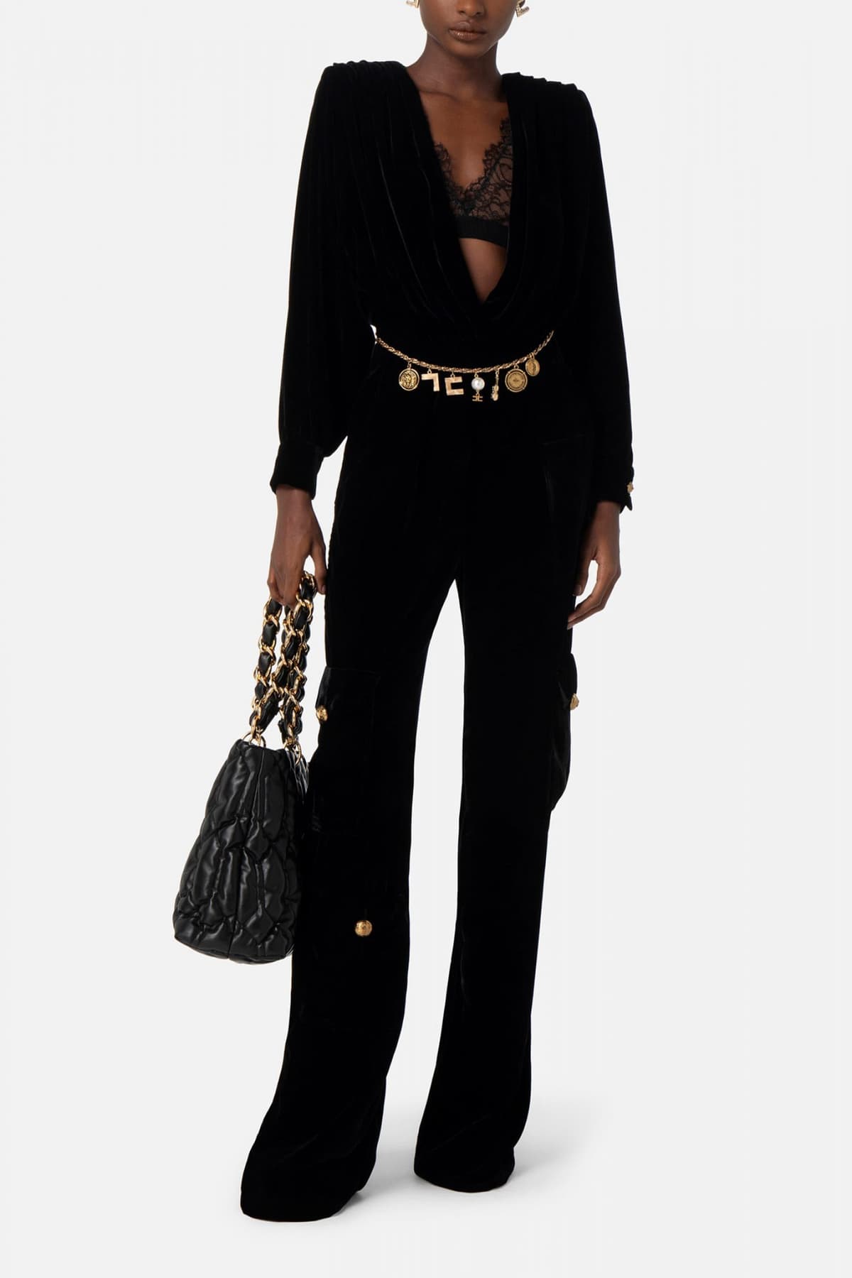 ELISABETTA FRANCHI ΟΛΟΣΩΜΗ ΦΟΡΜΑ CARGO ΒΕΛΟΥΔΟ ΑΠΟΣΠΩΜΕΝΗ ΔΑΝΤΕΛΑ ΜΕΤΑΛΛΙΚΕΣ ΛΕΠΤΟΜΕΡΕΙΕΣ ΜΑΥΡΟ