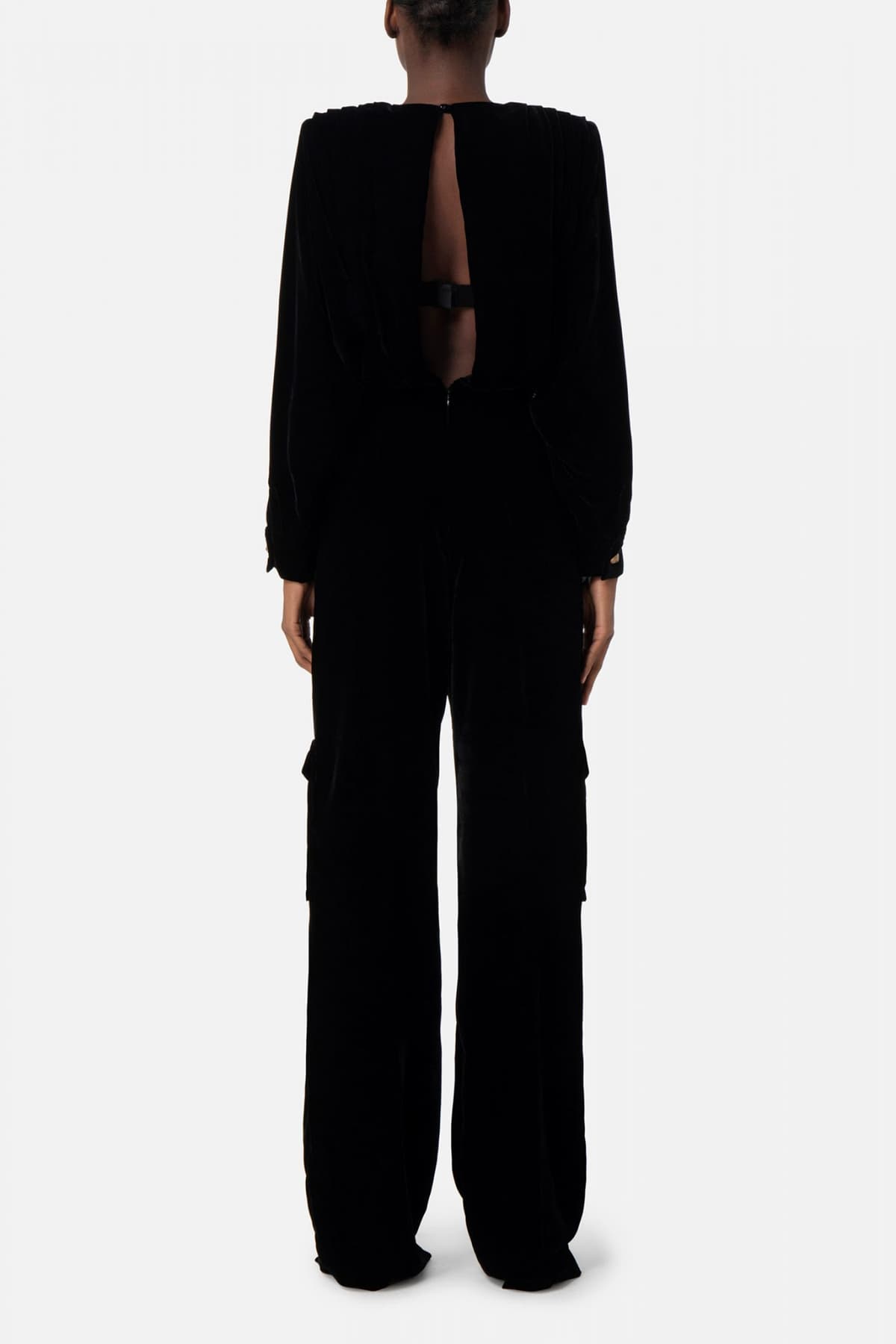 ELISABETTA FRANCHI ΟΛΟΣΩΜΗ ΦΟΡΜΑ CARGO ΒΕΛΟΥΔΟ ΑΠΟΣΠΩΜΕΝΗ ΔΑΝΤΕΛΑ ΜΕΤΑΛΛΙΚΕΣ ΛΕΠΤΟΜΕΡΕΙΕΣ ΜΑΥΡΟ