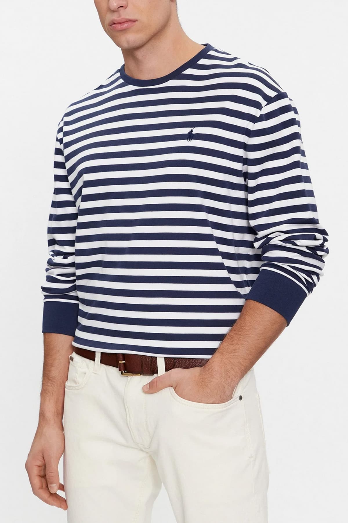 RALPH LAUREN T- SHIRT ΡΙΓΕ CLASSIC FIT LOGO ΜΠΛΕ-ΛΕΥΚΟ