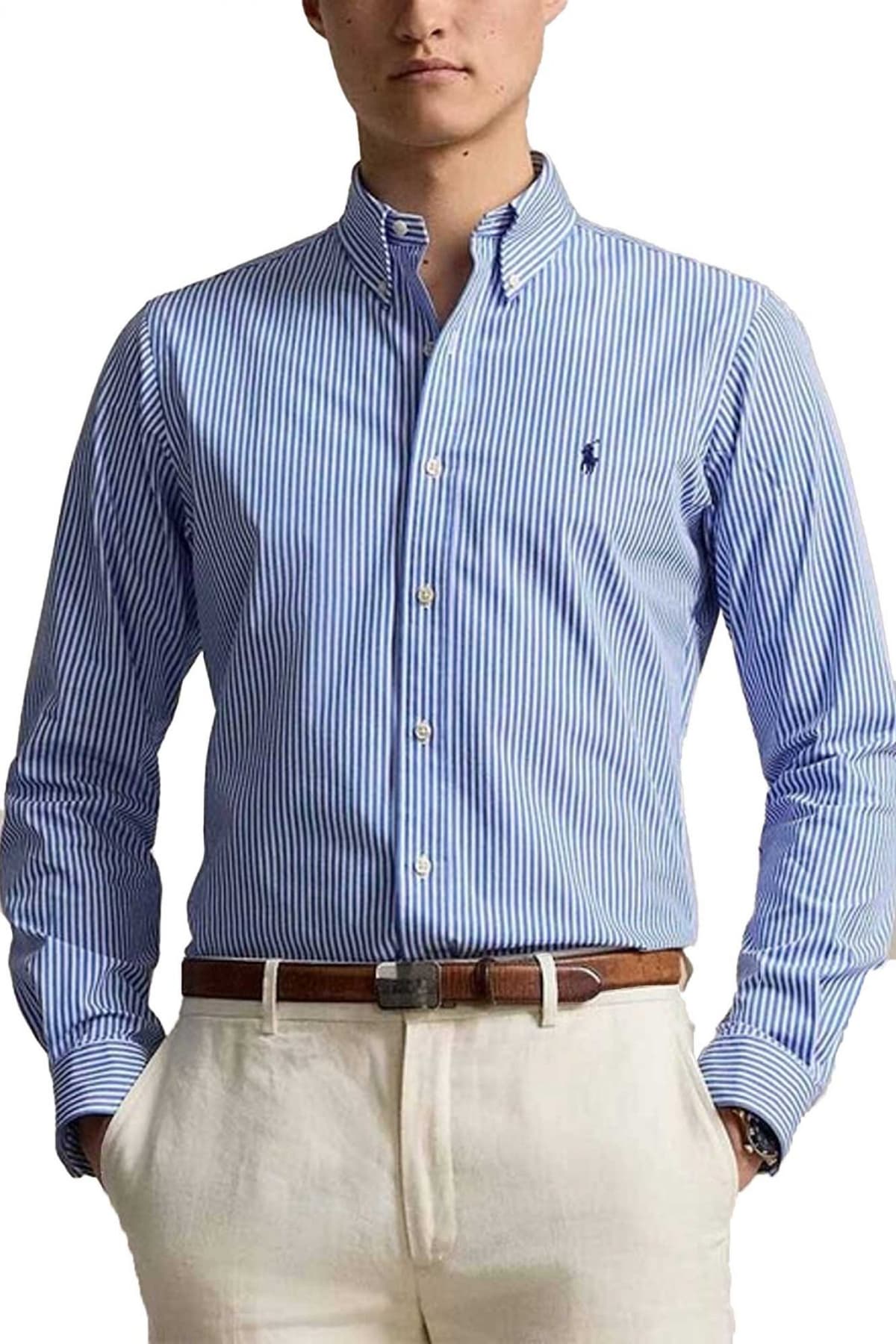 RALPH LAUREN ΠΟΥΚΑΜΙΣΟ ΡΙΓΕ BUTTON DOWN CUSTOM FIT STRETCH ΣΙΕΛ-ΛΕΥΚΟ